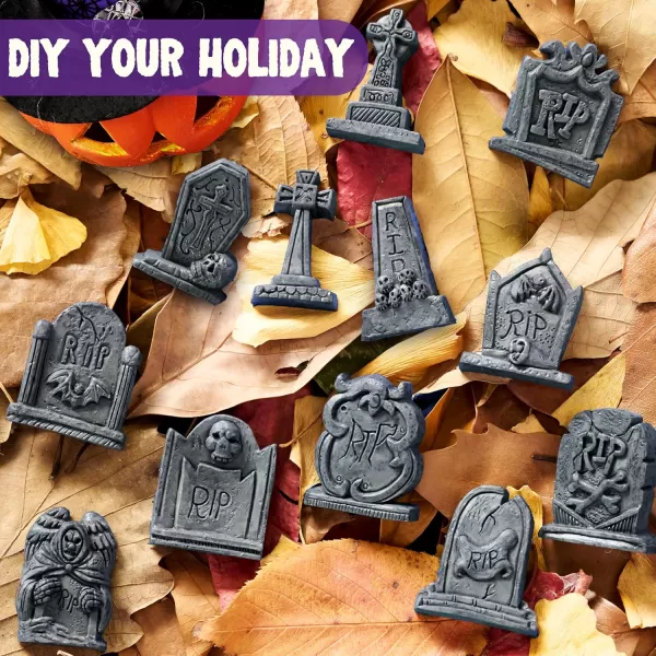 JOYIN 12 Pcs Halloween Miniature Tombstones Graveyard Decorations Outdoor RIP Headstone with Skull Cross Design for Halloween Cemetery Yard Lawn Outdoor Indoor Decorations Stone GrayGray