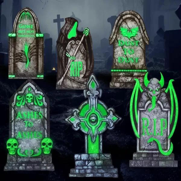 JOYIN 16 Halloween Decorations Outdoor Graveyard Tombstones Fluorescent 6 Pcs Glow in The Dark with Black Light Headstone with 12 Metal Stakes Tombstone for Halloween Cemetery Outside Yard Decor