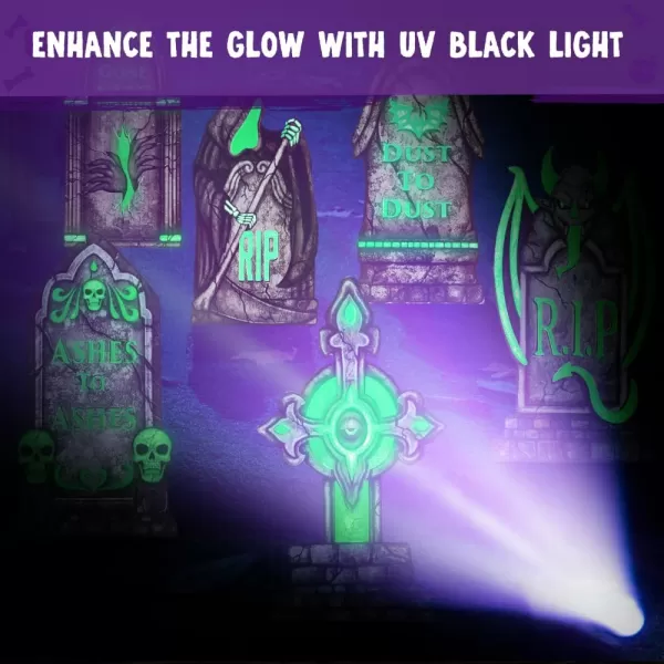 JOYIN 16 Halloween Decorations Outdoor Graveyard Tombstones Fluorescent 6 Pcs Glow in The Dark with Black Light Headstone with 12 Metal Stakes Tombstone for Halloween Cemetery Outside Yard Decor
