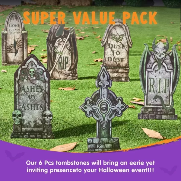 JOYIN 16 Halloween Decorations Outdoor Graveyard Tombstones Fluorescent 6 Pcs Glow in The Dark with Black Light Headstone with 12 Metal Stakes Tombstone for Halloween Cemetery Outside Yard Decor
