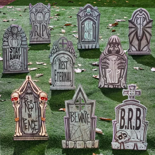 JOYIN 16quot 9 Pcs Halloween Tombstones Decorations Outdoor Graveyard Decor Yard Lawn Cemetery Plastic Headstones with 18 Metal Stakes for Halloween Indoor Prop Decorations Party Decor Supplies