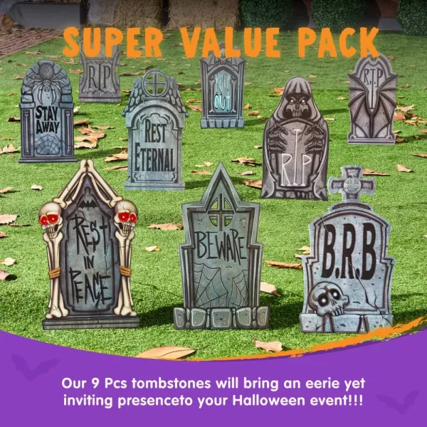 JOYIN 16quot 9 Pcs Halloween Tombstones Decorations Outdoor Graveyard Decor Yard Lawn Cemetery Plastic Headstones with 18 Metal Stakes for Halloween Indoor Prop Decorations Party Decor Supplies