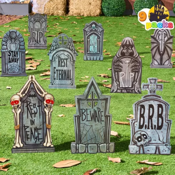 JOYIN 16quot 9 Pcs Halloween Tombstones Decorations Outdoor Graveyard Decor Yard Lawn Cemetery Plastic Headstones with 18 Metal Stakes for Halloween Indoor Prop Decorations Party Decor Supplies