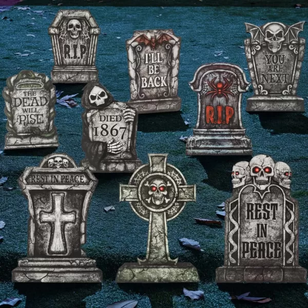 JOYIN 16quot 9 Pcs Halloween Tombstones Decorations Outdoor Graveyard Yard Lawn Plastic Headstones With 18 Metal Stakes For Halloween Cemetery Indoor Decorations Prop Decorations Party Decor Supplies