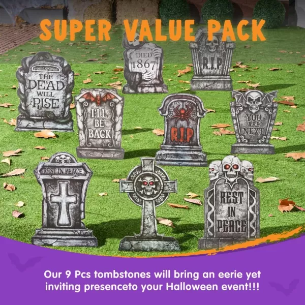 JOYIN 16quot 9 Pcs Halloween Tombstones Decorations Outdoor Graveyard Yard Lawn Plastic Headstones With 18 Metal Stakes For Halloween Cemetery Indoor Decorations Prop Decorations Party Decor Supplies