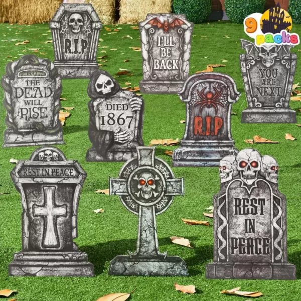 JOYIN 16quot 9 Pcs Halloween Tombstones Decorations Outdoor Graveyard Yard Lawn Plastic Headstones With 18 Metal Stakes For Halloween Cemetery Indoor Decorations Prop Decorations Party Decor Supplies
