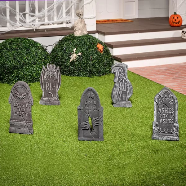JOYIN 17 Halloween Tombstones for Graves Halloween Decorations Outdoor 5 Pack Foam RIP Graveyard Headstone Decorations and 10 Bonus Metal Stakes for Halloween Yard Lawn Decorations