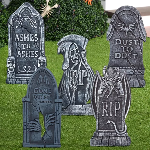 JOYIN 17 Halloween Tombstones for Graves Halloween Decorations Outdoor 5 Pack Foam RIP Graveyard Headstone Decorations and 10 Bonus Metal Stakes for Halloween Yard Lawn Decorations