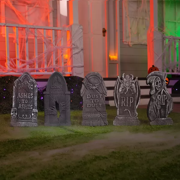 JOYIN 17 Halloween Tombstones for Graves Halloween Decorations Outdoor 5 Pack Foam RIP Graveyard Headstone Decorations and 10 Bonus Metal Stakes for Halloween Yard Lawn Decorations