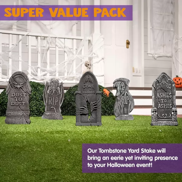 JOYIN 17 Halloween Tombstones for Graves Halloween Decorations Outdoor 5 Pack Foam RIP Graveyard Headstone Decorations and 10 Bonus Metal Stakes for Halloween Yard Lawn Decorations