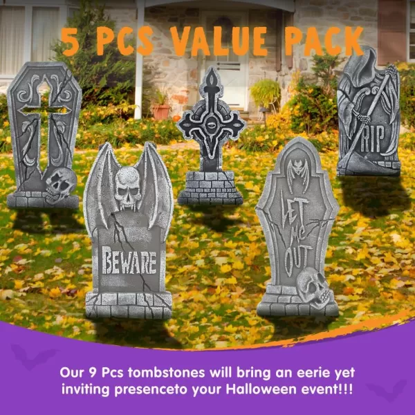 JOYIN 17quot Halloween Decorations Outdoor Tombstones 5 Pack Halloween Graveyard Foam Headstones Decor with 10 Metal Stakes for Halloween Prop Cemetery Yard Lawn Decorations Party SuppliesGray