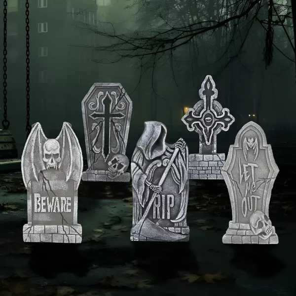 JOYIN 17quot Halloween Decorations Outdoor Tombstones 5 Pack Halloween Graveyard Foam Headstones Decor with 10 Metal Stakes for Halloween Prop Cemetery Yard Lawn Decorations Party SuppliesGray