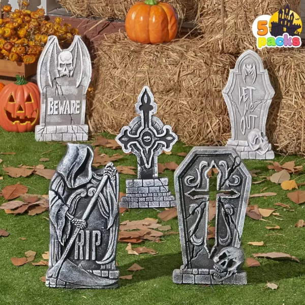 JOYIN 17quot Halloween Decorations Outdoor Tombstones 5 Pack Halloween Graveyard Foam Headstones Decor with 10 Metal Stakes for Halloween Prop Cemetery Yard Lawn Decorations Party SuppliesGray