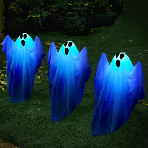 JOYIN 3 Pcs Halloween Decorations Outdoor Ghost Pathway Lights 235quot Halloween Cloth Ghost Decor with Warm Light Up Path Markers for Halloween Graveyard Lawn Garden Decor Haunted House Party SuppliesBlue