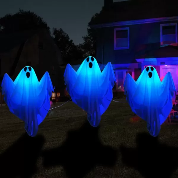 JOYIN 3 Pcs Halloween Decorations Outdoor Ghost Pathway Lights 235quot Halloween Cloth Ghost Decor with Warm Light Up Path Markers for Halloween Graveyard Lawn Garden Decor Haunted House Party SuppliesBlue