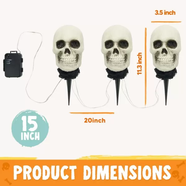 JOYIN 3 Pcs Halloween Skeleton Decorations Outdoor Light Up Halloween Graveyard Skull Stakes Pathway Makers for Halloween Party Lawn Props Yard Decor