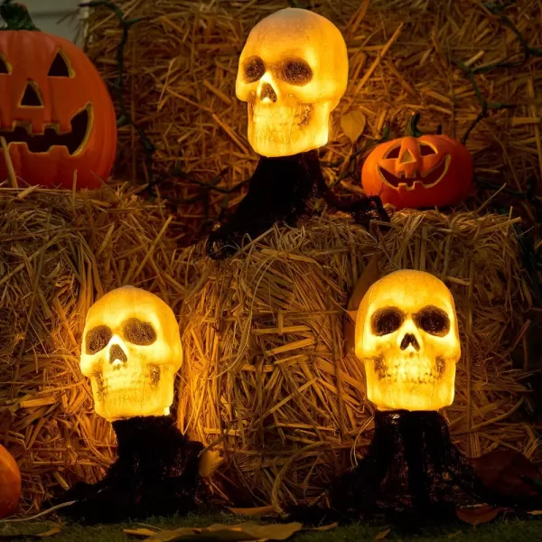 JOYIN 3 Pcs Halloween Skeleton Decorations Outdoor Light Up Halloween Graveyard Skull Stakes Pathway Makers for Halloween Party Lawn Props Yard Decor