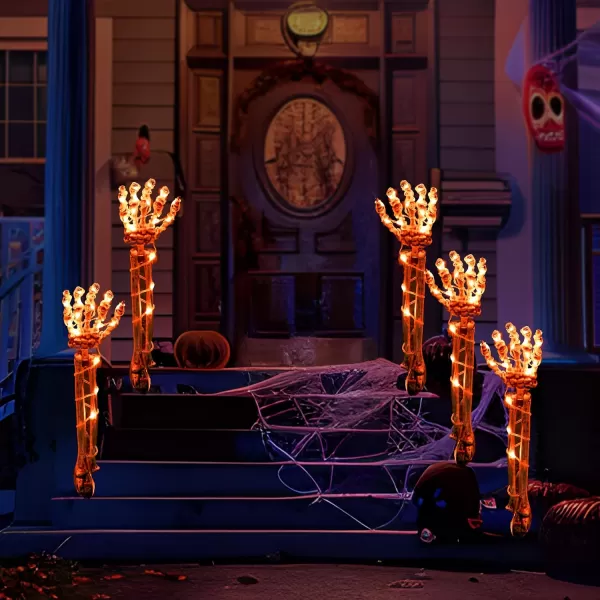 JOYIN 5 Pack Halloween Decorations Outdoor Lighted Skeleton Arm Stakes 10FT LED Warm Light ampamp Purple Waterproof Skeleton Hands Halloween Graveyard Party Yard Lawn Prop Haunted House Outside Decor