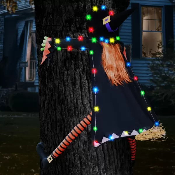 JOYIN 60 Halloween Decoration Outdoor Flying Witch with String Lights Large Crashing Witch Halloween Light Up Decor for Haunted House Prop Porch Yard Tree Patio Indoor Decor