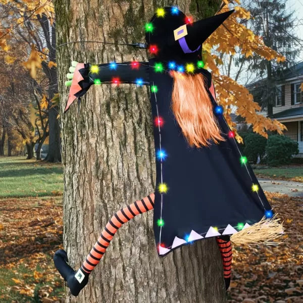JOYIN 60 Halloween Decoration Outdoor Flying Witch with String Lights Large Crashing Witch Halloween Light Up Decor for Haunted House Prop Porch Yard Tree Patio Indoor Decor