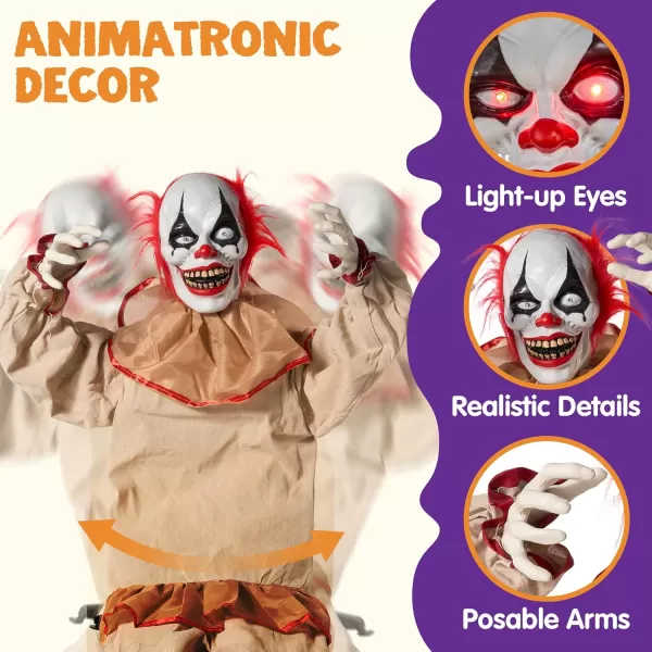 JOYIN 60quot Halloween Animatronics Sitting Clown with LightUp Eyes Creepy Sound and Moving Arms ampamp Head Sound Activated Animated Halloween Decorations for Indoor Haunted House Decor Outdoor Yard Lawn