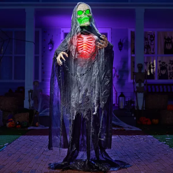 JOYIN 67quot Halloween Animatronics Standing Clown Animated Decoration with Spooky and LightUp EyesCreepy SoundMoving Arms ampamp Head Sound Activated for Halloween Decorations Outdoor IndoorReaper with green eyes
