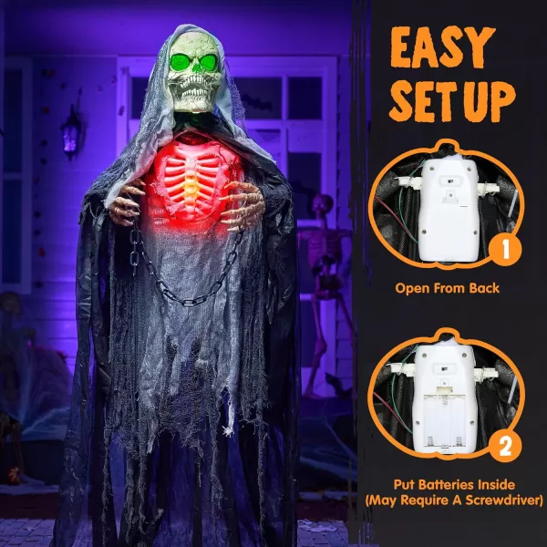 JOYIN 67quot Halloween Animatronics Standing Clown Animated Decoration with Spooky and LightUp EyesCreepy SoundMoving Arms ampamp Head Sound Activated for Halloween Decorations Outdoor IndoorReaper with green eyes