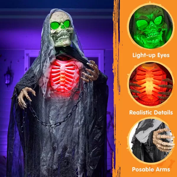 JOYIN 67quot Halloween Animatronics Standing Clown Animated Decoration with Spooky and LightUp EyesCreepy SoundMoving Arms ampamp Head Sound Activated for Halloween Decorations Outdoor IndoorReaper with green eyes