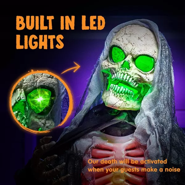 JOYIN 67quot Halloween Animatronics Standing Clown Animated Decoration with Spooky and LightUp EyesCreepy SoundMoving Arms ampamp Head Sound Activated for Halloween Decorations Outdoor IndoorReaper with green eyes