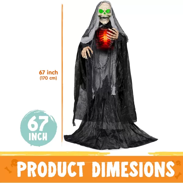 JOYIN 67quot Halloween Animatronics Standing Clown Animated Decoration with Spooky and LightUp EyesCreepy SoundMoving Arms ampamp Head Sound Activated for Halloween Decorations Outdoor IndoorReaper with green eyes