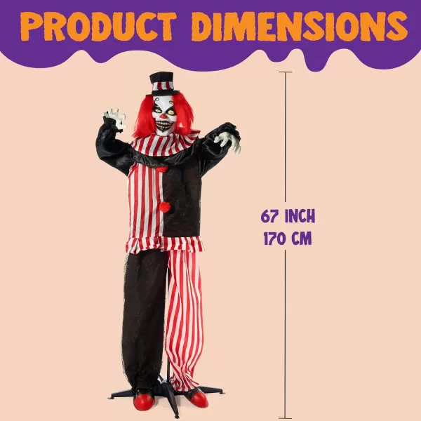 JOYIN 67quot Halloween Animatronics Standing Clown Animated Decoration with Spooky and LightUp EyesCreepy SoundMoving Arms ampamp Head Sound Activated for Halloween Decorations Outdoor IndoorClown