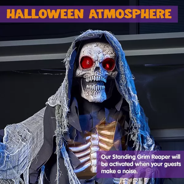 JOYIN 67quot Halloween Animatronics Standing Clown Animated Decoration with Spooky and LightUp EyesCreepy SoundMoving Arms ampamp Head Sound Activated for Halloween Decorations Outdoor IndoorGrim Reaper