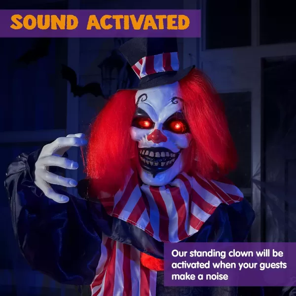 JOYIN 67quot Halloween Animatronics Standing Clown Animated Decoration with Spooky and LightUp EyesCreepy SoundMoving Arms ampamp Head Sound Activated for Halloween Decorations Outdoor IndoorClown