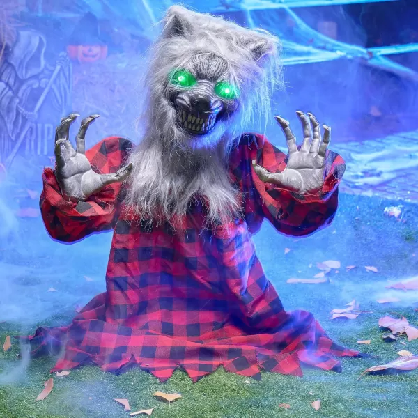JOYIN Halloween Outdoor Decorations Animated Animatronics Werewolf Groundbreaker Decor Outside Scary Werewolf Prop with Moving Arms ampamp LightUp Eyes for Graveyard Lawn Yard Haunted House Decoration