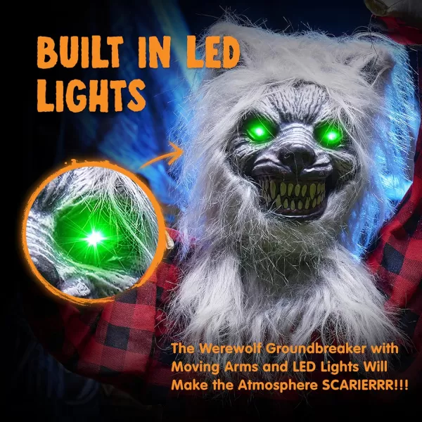 JOYIN Halloween Outdoor Decorations Animated Animatronics Werewolf Groundbreaker Decor Outside Scary Werewolf Prop with Moving Arms ampamp LightUp Eyes for Graveyard Lawn Yard Haunted House Decoration