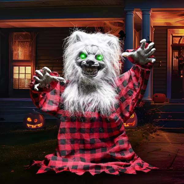 JOYIN Halloween Outdoor Decorations Animated Animatronics Werewolf Groundbreaker Decor Outside Scary Werewolf Prop with Moving Arms ampamp LightUp Eyes for Graveyard Lawn Yard Haunted House Decoration