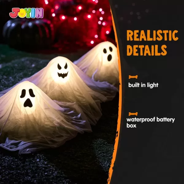 JOYIN Halloween Outdoor Decorations White Ghost Garden Stakes with Light Up Design 3 Packs Cloth Ghost for Best Halloween Decoration Lights Decor Outdoor Halloween Yard Decorations