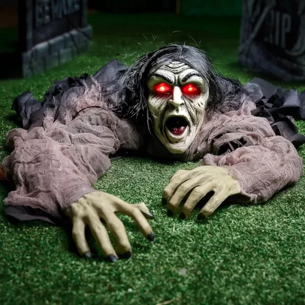 JOYIN Halloween Zombie Decorations Outdoor Halloween Groundbreaker Outside Decor Hanging Zombie Prop with Green Face and Lighted Eyes for Graveyard Haunted House Lawn Yard Indoor Decor