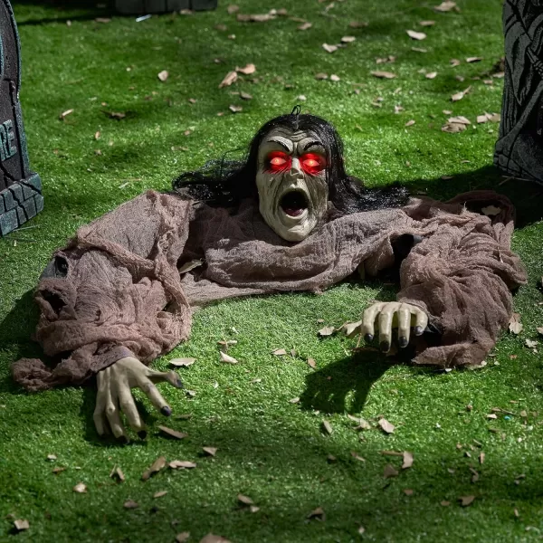 JOYIN Halloween Zombie Decorations Outdoor Halloween Groundbreaker Outside Decor Hanging Zombie Prop with Green Face and Lighted Eyes for Graveyard Haunted House Lawn Yard Indoor Decor