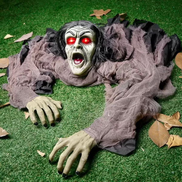JOYIN Halloween Zombie Decorations Outdoor Halloween Groundbreaker Outside Decor Hanging Zombie Prop with Green Face and Lighted Eyes for Graveyard Haunted House Lawn Yard Indoor Decor