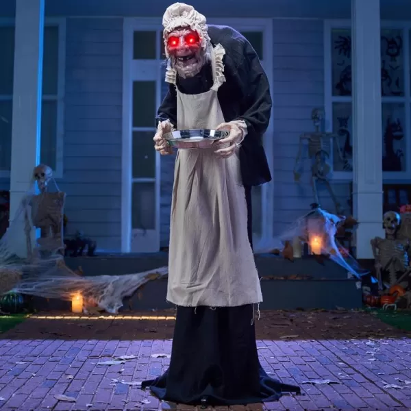 5ft Halloween Animatronics Decorations Standing Zombie Maid with Hat Lightup Eyes and Scary Sound Activated Prop Scary Hunchbacked Witch Decor for Haunted House IndoorOutdoor Yard Lawn