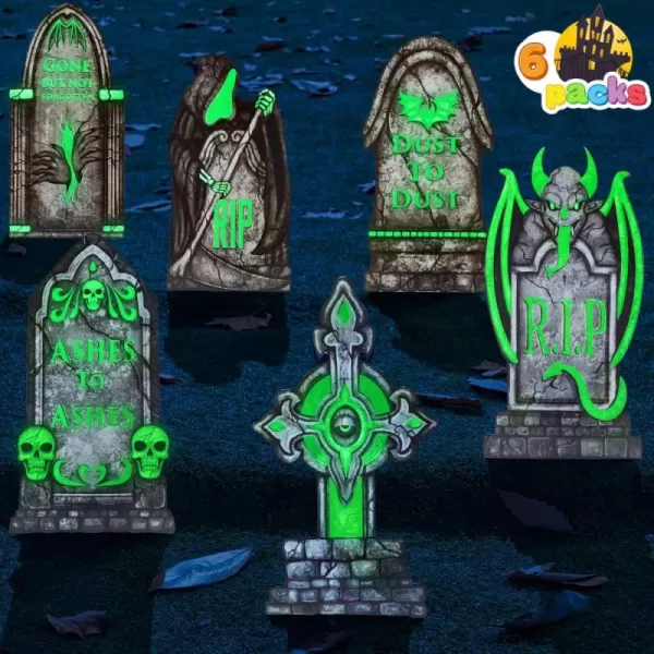 JOYIN 16 Halloween Decorations Outdoor Graveyard Tombstones Fluorescent 6 Pcs Glow in The Dark with Black Light Headstone with 12 Metal Stakes Tombstone for Halloween Cemetery Outside Yard Decor