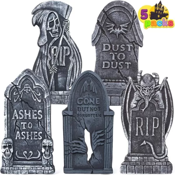 JOYIN 17 Halloween Tombstones for Graves Halloween Decorations Outdoor 5 Pack Foam RIP Graveyard Headstone Decorations and 10 Bonus Metal Stakes for Halloween Yard Lawn Decorations