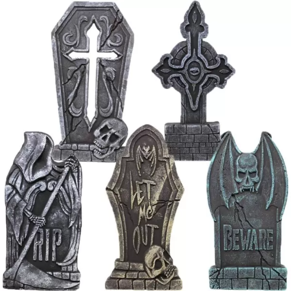 JOYIN 17quot Halloween Decorations Outdoor Tombstones 5 Pack Halloween Graveyard Foam Headstones Decor with 10 Metal Stakes for Halloween Prop Cemetery Yard Lawn Decorations Party SuppliesMulticolor