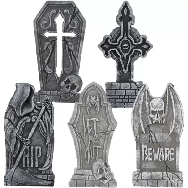 JOYIN 17quot Halloween Decorations Outdoor Tombstones 5 Pack Halloween Graveyard Foam Headstones Decor with 10 Metal Stakes for Halloween Prop Cemetery Yard Lawn Decorations Party SuppliesGray