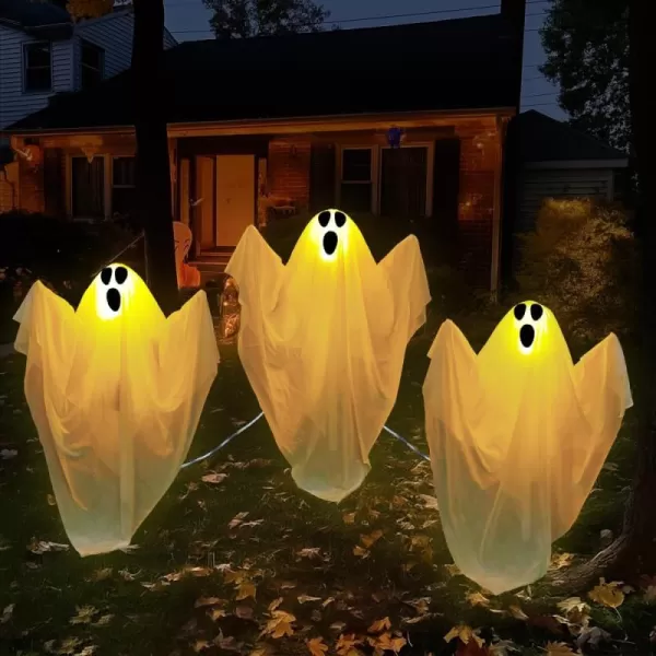 JOYIN 3 Pcs Halloween Decorations Outdoor Ghost Pathway Lights 235quot Halloween Cloth Ghost Decor with Warm Light Up Path Markers for Halloween Graveyard Lawn Garden Decor Haunted House Party SuppliesYellow