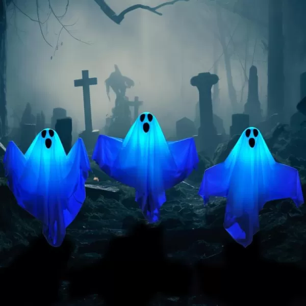 JOYIN 3 Pcs Halloween Decorations Outdoor Ghost Pathway Lights 235quot Halloween Cloth Ghost Decor with Warm Light Up Path Markers for Halloween Graveyard Lawn Garden Decor Haunted House Party SuppliesBlue