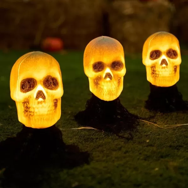 JOYIN 3 Pcs Halloween Skeleton Decorations Outdoor Light Up Halloween Graveyard Skull Stakes Pathway Makers for Halloween Party Lawn Props Yard Decor