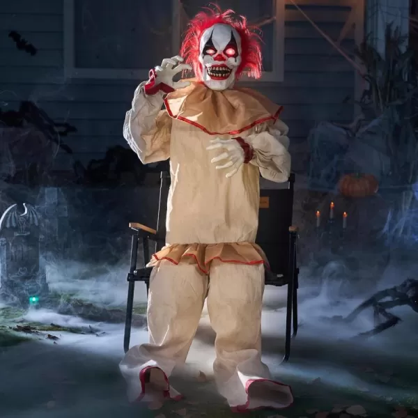 JOYIN 60quot Halloween Animatronics Sitting Clown with LightUp Eyes Creepy Sound and Moving Arms ampamp Head Sound Activated Animated Halloween Decorations for Indoor Haunted House Decor Outdoor Yard Lawn