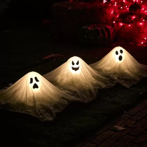 JOYIN Halloween Outdoor Decorations White Ghost Garden Stakes with Light Up Design 3 Packs Cloth Ghost for Best Halloween Decoration Lights Decor Outdoor Halloween Yard Decorations